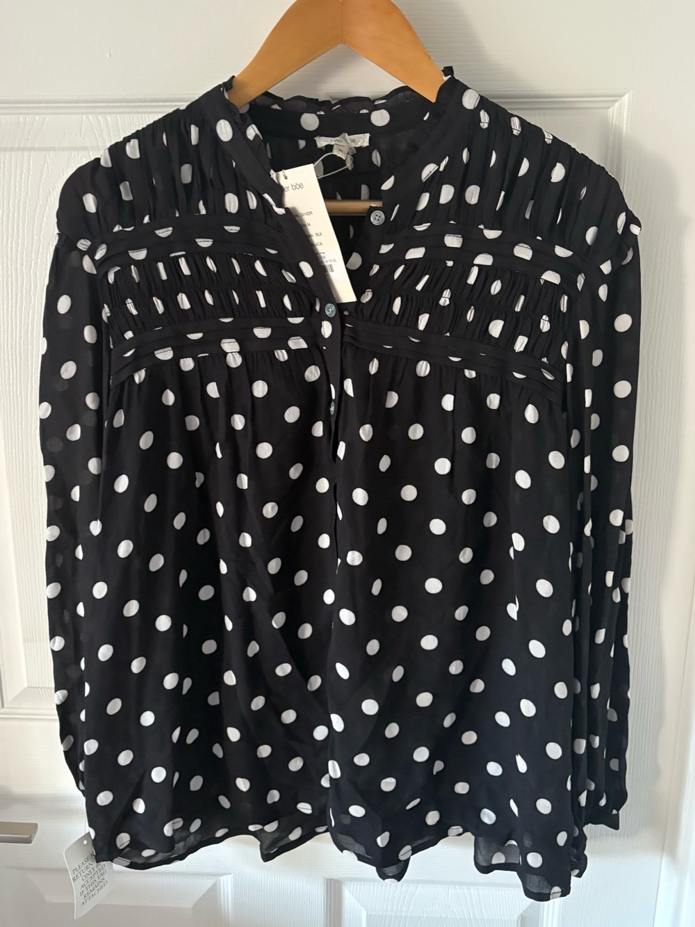 NWT Tyler Boe Black & White Polka Dot Pleated Smocked Blouse Size M
